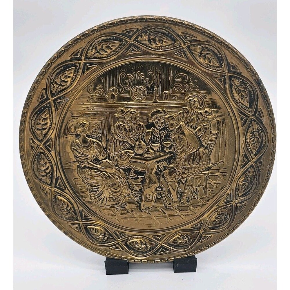 Brass Decorative Embossed Plate with Figures and Scene Collectible Metalware